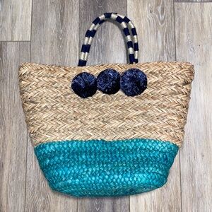 Tan and turquoise Woven Beach Tote